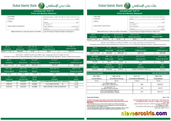 UAE Dubai Islamic bank statement in Word and PDF format in Arabic language, 3 pages